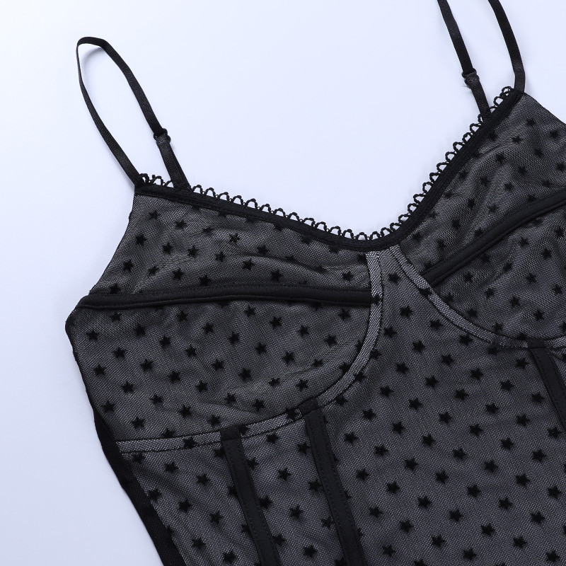 Body cu imprimeu cu puncte 2021 pentru femei, sexy, cu decolteu în V, plasă, transparent, slab, sexy, fără spate, cu bretele din dantelă, haine de club pentru femei de vară