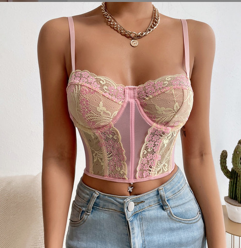 Sutien cu broderie sexy, sutien brodat, culoare contrastantă, inel de oțel, plasă de pește, vestă fără spate, frumusețe goală, sutien spate