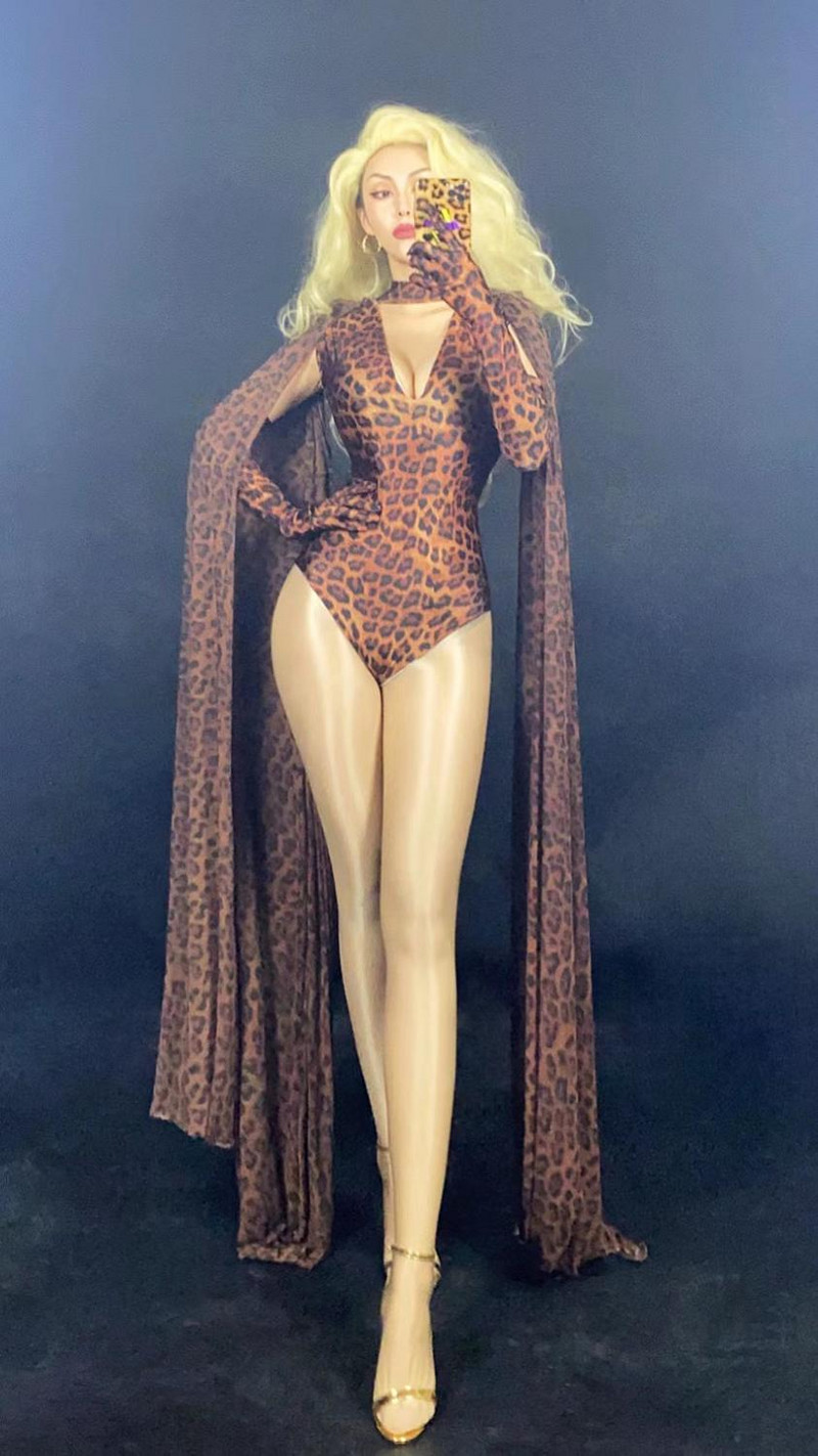 Naiste seksikas lavaleopardimustriline õõnsa bodi kindad Sall Suur veniv trükitud bodi DS naiste tantsija baari komplekt