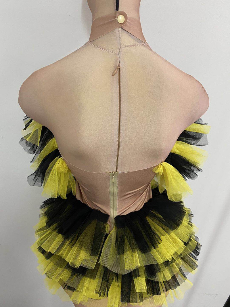 Body drăguț pentru petrecere, cu volane, din plasă, cu etaje, pentru femei, fără spate, dansatoare, club de noapte, cântăreață, costum de spectacol