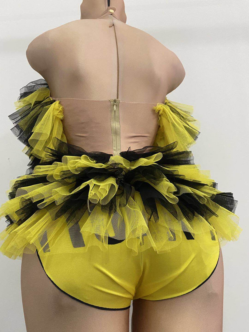 Body drăguț pentru petrecere, cu volane, din plasă, cu etaje, pentru femei, fără spate, dansatoare, club de noapte, cântăreață, costum de spectacol