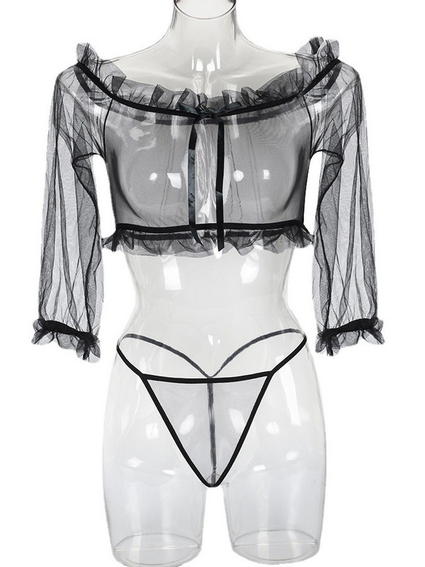 Neongirl võrgusilma marli kaldkaelusega T-särk läbipaistev 2-osaline komplektid volangid päikesekaitse pesu Babydoll Exotic Hot