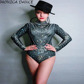 Body sexy pentru femei, negru argintiu, cu strasuri cu mâneci lungi, ținută de cântăreț, ținută de scenă, aniversare, bar, club de noapte, ținută de dans