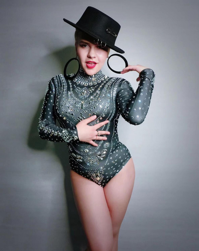 Body sexy pentru femei, negru argintiu, cu strasuri cu mâneci lungi, ținută de cântăreț, ținută de scenă, aniversare, bar, club de noapte, ținută de dans