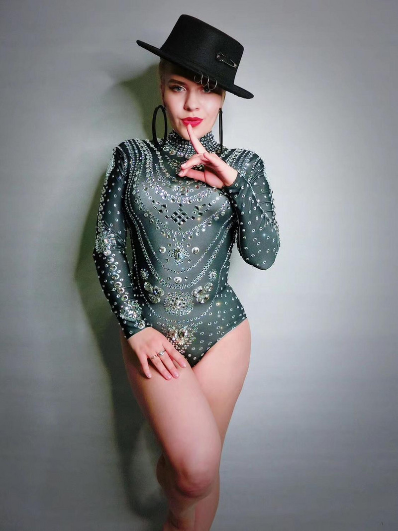 Body sexy pentru femei, negru argintiu, cu strasuri cu mâneci lungi, ținută de cântăreț, ținută de scenă, aniversare, bar, club de noapte, ținută de dans