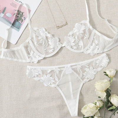 Mulherelfo Sensual Floral Σετ Εσώρουχα Γυναικεία Εσώρουχα Σέξι Κέντημα Διαφανές σουτιέν και σύντομο σετ Εξωτικά σύνολα Bralette