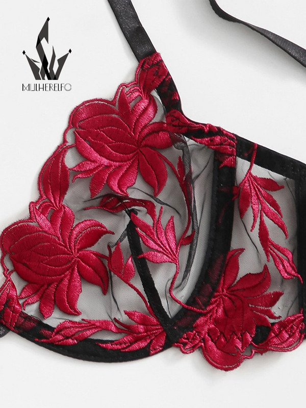Mulherelfo Sensual Floral Σετ Εσώρουχα Γυναικεία Εσώρουχα Σέξι Κέντημα Διαφανές σουτιέν και σύντομο σετ Εξωτικά σύνολα Bralette
