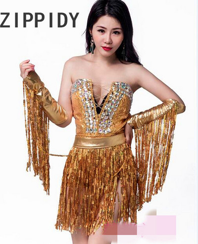 Nou sexy auriu strălucitor paiete ciucuri bandaj body fără bretele club de noapte cântăreață bar Ds performanță pe scenă costum unic