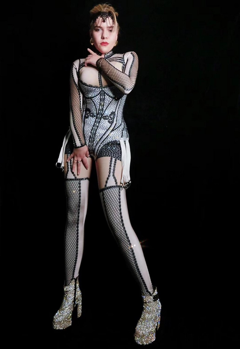 Naiste ööklubi Sexy Stage Nude Stretch Jumpsuit Naislaulja Tantsija Seksikas Retuusid Kostüüm Body Ööklubi peorõivad