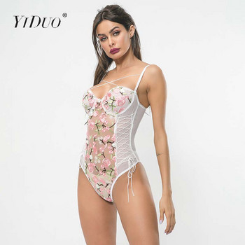 YiDuo Sexy Perspective Women Lace Mesh Bodysuit Black White Lace Up Fit Floral Embroidery Bodysuits Night Party Club Body Mujer