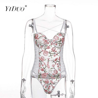 YiDuo Sexy Perspectivă Body cu plasă din dantelă pentru femei, alb, negru