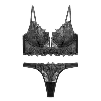 Seturi de lenjerie slip ultra-subțire cu flori brodate cu sâni mari lenjerie intimă adunată fără sudură sutien sexy pentru femei cu tanga scurtă