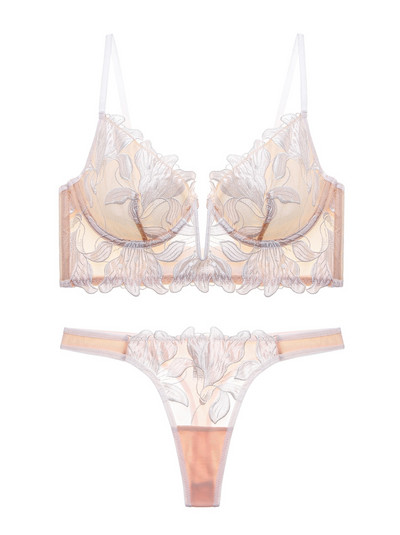 Seturi de lenjerie slip ultra-subțire cu flori brodate cu sâni mari lenjerie intimă adunată fără sudură sutien sexy pentru femei cu tanga scurtă