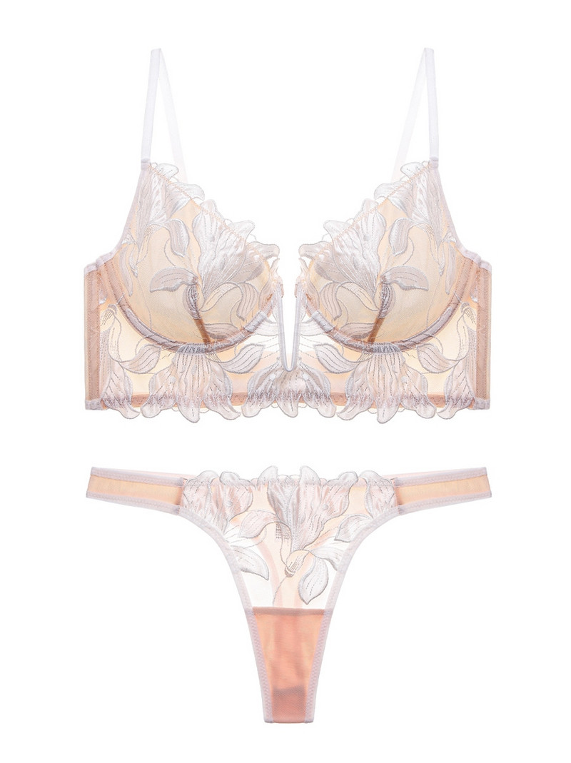 Seturi de lenjerie slip ultra-subțire cu flori brodate cu sâni mari lenjerie intimă adunată fără sudură sutien sexy pentru femei cu tanga scurtă