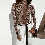 2019 Body nou cu gât înalt cu mânecă lungă sexy bodycon din piele de șarpe toamnă iarnă corp de modă pentru femei