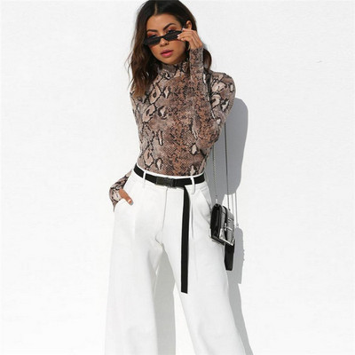 2019 Body nou cu gât înalt cu mânecă lungă sexy bodycon din piele de șarpe toamnă iarnă corp de modă pentru femei