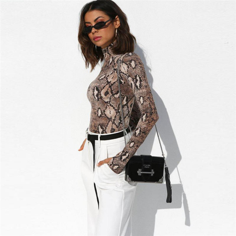 2019 Body nou cu gât înalt cu mânecă lungă sexy bodycon din piele de șarpe toamnă iarnă corp de modă pentru femei