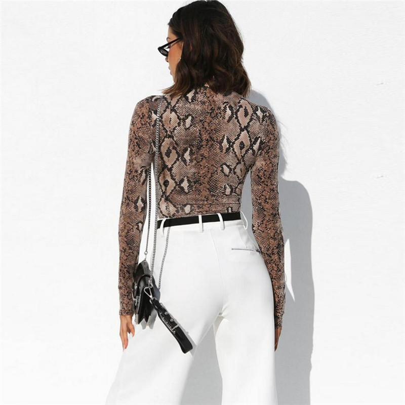 2019 Body nou cu gât înalt cu mânecă lungă sexy bodycon din piele de șarpe toamnă iarnă corp de modă pentru femei