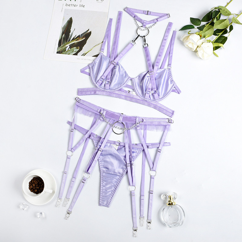 Ellolace Lenjerie de lux Halter Sexy Lenjerie de corp Femei Fancy Jartieră Slip Set Body Push-Up Sutiene Lavanda Fină Intimă