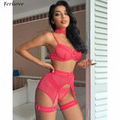 FERLIOVE Set de lenjerie erotică din plasă sexy pentru femei, 4 piese, sutien și jartiere pentru chiloți Set de lenjerie transparentă