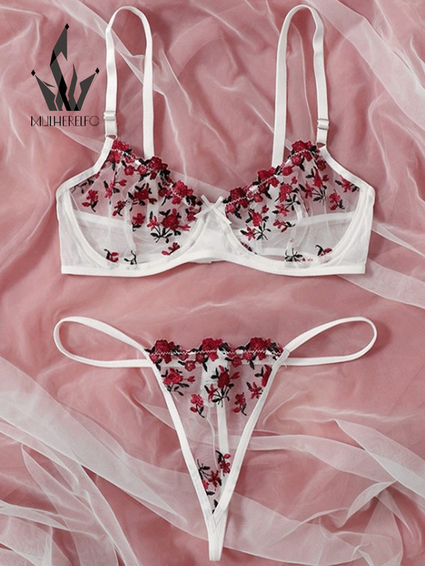 Mulherelfo Sensual Σετ Εσώρουχα Γυναικεία Floral Κέντημα Σουτιέν Εξωτικά Διαφανή Σετ Σουτιέν Σετ Σέξι Εσώρουχα