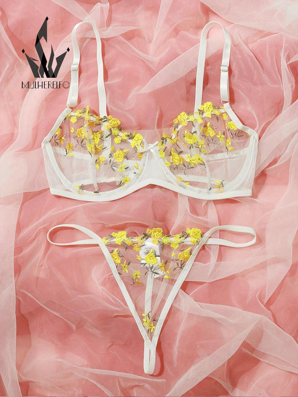 Mulherelfo Sensual Σετ Εσώρουχα Γυναικεία Floral Κέντημα Σουτιέν Εξωτικά Διαφανή Σετ Σουτιέν Σετ Σέξι Εσώρουχα