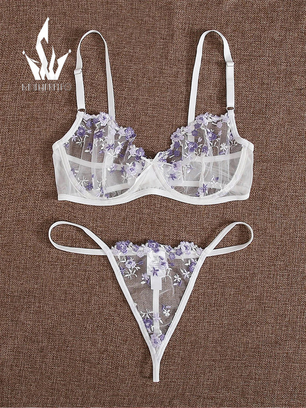 Mulherelfo Sensual Σετ Εσώρουχα Γυναικεία Floral Κέντημα Σουτιέν Εξωτικά Διαφανή Σετ Σουτιέν Σετ Σέξι Εσώρουχα