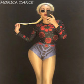 Body sexy pentru scenă pentru femei, flori roșii, cristale strălucitoare, club de noapte, petrecere de aniversare, îmbrăcăminte pentru scenă, cântăreață dansatoare, costume de dans bling
