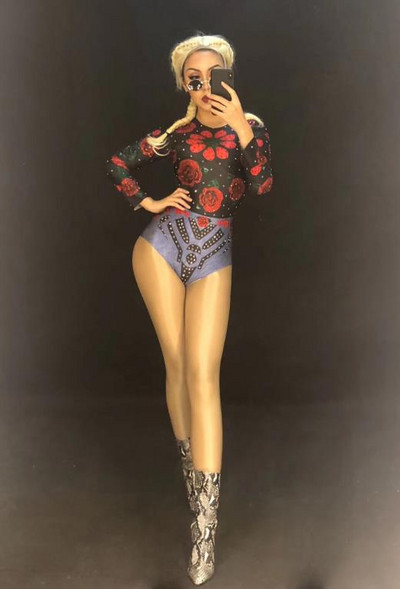 Body sexy pentru scenă pentru femei, flori roșii, cristale strălucitoare, club de noapte, petrecere de aniversare, îmbrăcăminte pentru scenă, cântăreață dansatoare, costume de dans bling