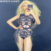 Costum de dans sexy Costume de scenă Body cu ciucuri negru fără mâneci Body stretch pentru femei, petrecere, bal, bar, scenă, cântăreață