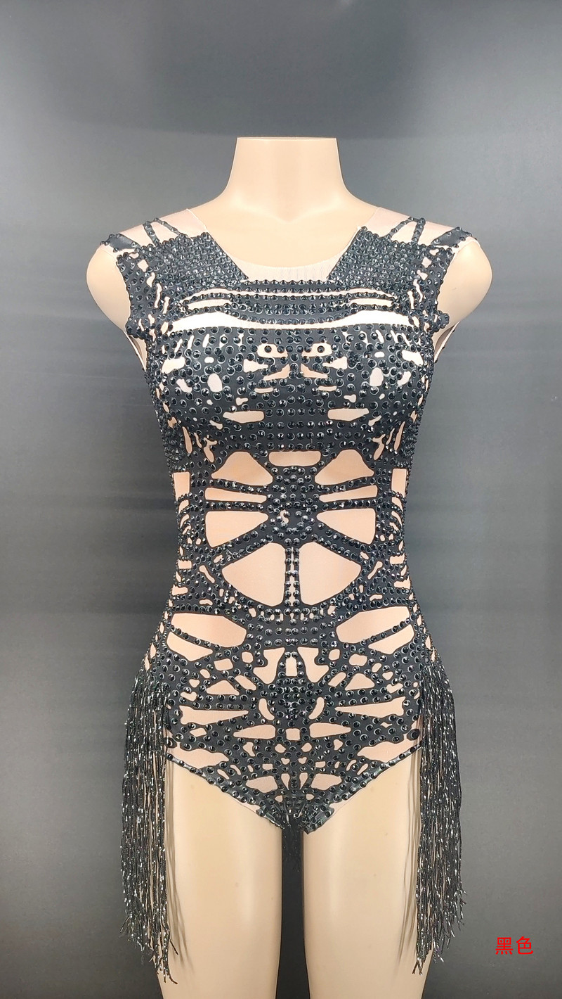 Costum de dans sexy Costume de scenă Body cu ciucuri negru fără mâneci Body stretch pentru femei, petrecere, bal, bar, scenă, cântăreață