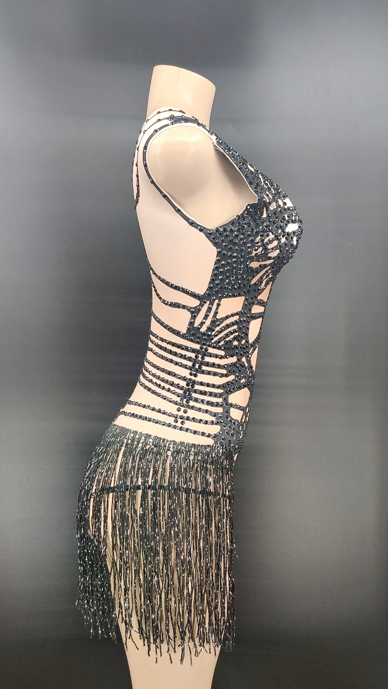 Costum de dans sexy Costume de scenă Body cu ciucuri negru fără mâneci Body stretch pentru femei, petrecere, bal, bar, scenă, cântăreață