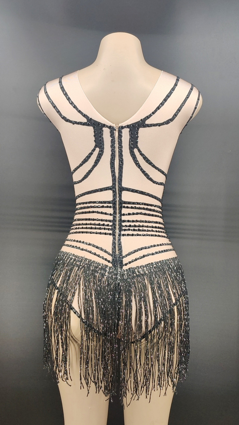 Costum de dans sexy Costume de scenă Body cu ciucuri negru fără mâneci Body stretch pentru femei, petrecere, bal, bar, scenă, cântăreață