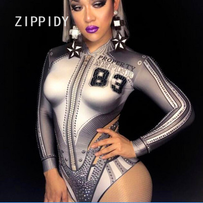 Grey White Crystals Rhinestone Baseball Bodysuit Nightclub Show Party Singer Dancer Performance Stretch kostüüm Lavarõivad