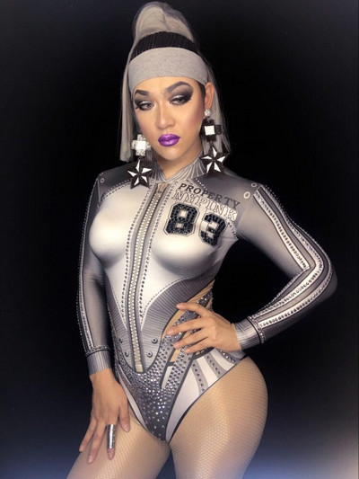 Gri Alb Cristale Strass Baseball Body Body Show Club de noapte Petrecere Cântăreață Dansatoare Performanță Costum Stretch Imbracaminte pentru scenă