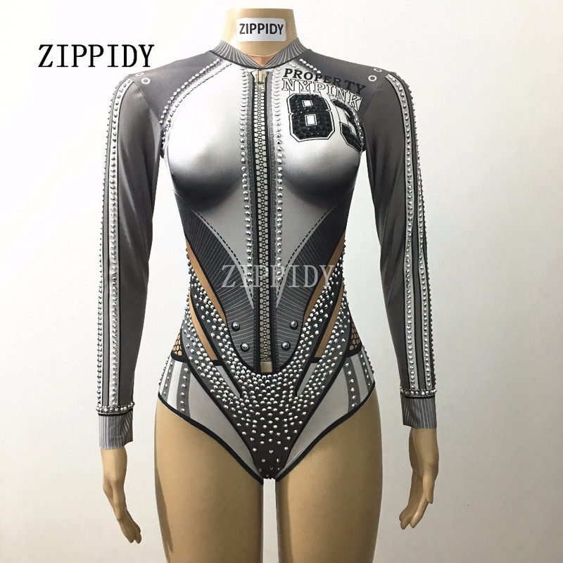Gri Alb Cristale Strass Baseball Body Body Show Club de noapte Petrecere Cântăreață Dansatoare Performanță Costum Stretch Imbracaminte pentru scenă