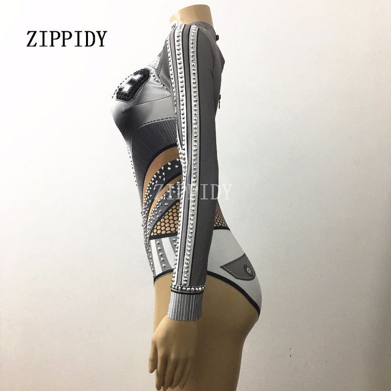 Gri Alb Cristale Strass Baseball Body Body Show Club de noapte Petrecere Cântăreață Dansatoare Performanță Costum Stretch Imbracaminte pentru scenă