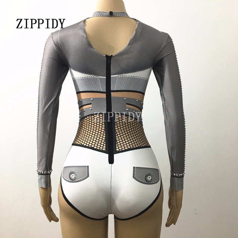 Gri Alb Cristale Strass Baseball Body Body Show Club de noapte Petrecere Cântăreață Dansatoare Performanță Costum Stretch Imbracaminte pentru scenă
