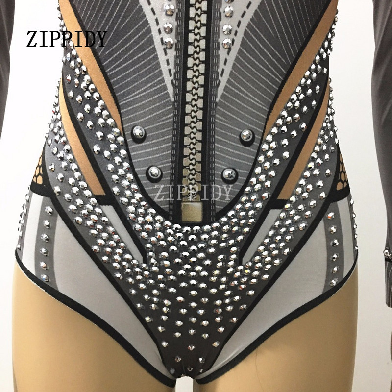 Gri Alb Cristale Strass Baseball Body Body Show Club de noapte Petrecere Cântăreață Dansatoare Performanță Costum Stretch Imbracaminte pentru scenă