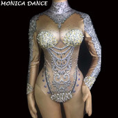 Γυναικείο νυχτερινό κλαμπ Stage Pearl Στολή Singers Bodysuit Sparkling Crystals Bodysuit Bling Γυναικεία στολή Στολή γενεθλίων Celebrate