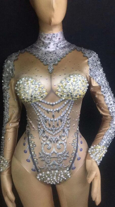 Γυναικείο νυχτερινό κλαμπ Stage Pearl Στολή Singers Bodysuit Sparkling Crystals Bodysuit Bling Γυναικεία στολή Στολή γενεθλίων Celebrate