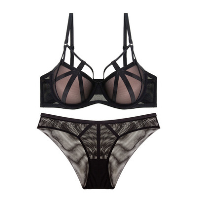 Set de sutien și chiloți groși, negru, sexy, pentru femei, mărimea cupei BCD, lenjerie sexy cu inel din oțel adunat din bumbac