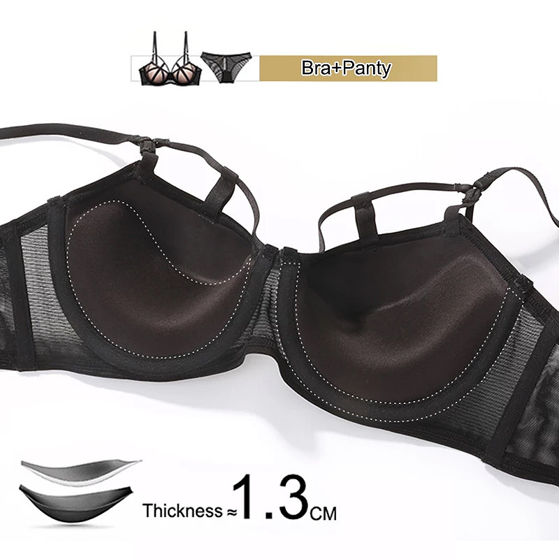 Set de sutien și chiloți groși, negru, sexy, pentru femei, mărimea cupei BCD, lenjerie sexy cu inel din oțel adunat din bumbac