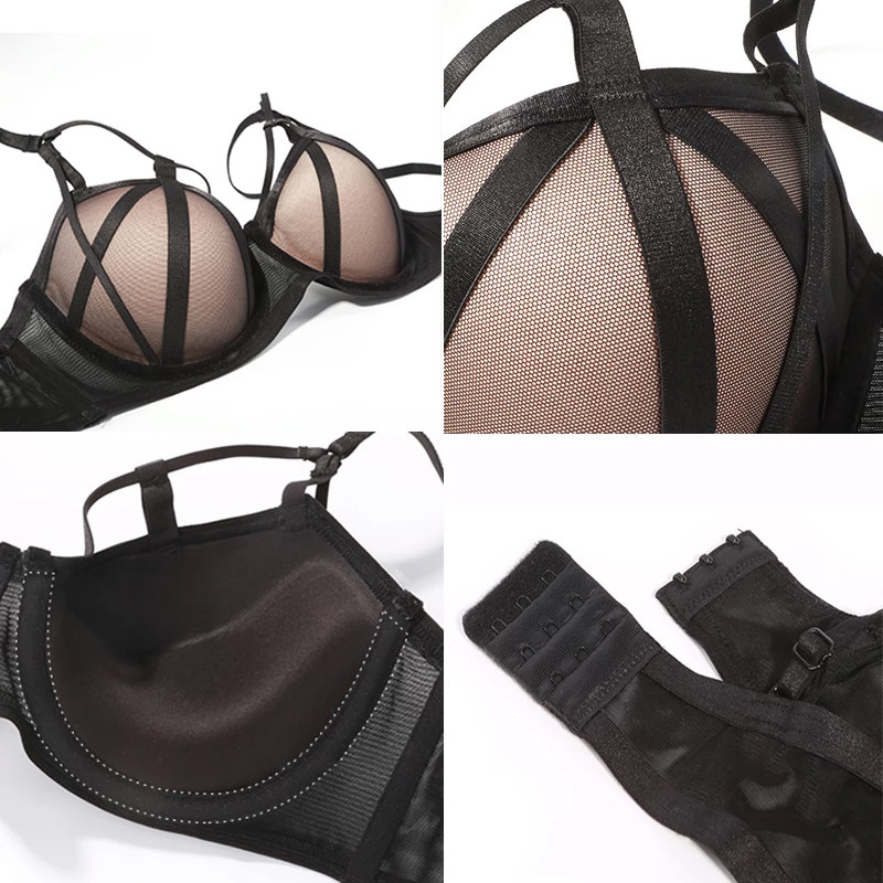 Set de sutien și chiloți groși, negru, sexy, pentru femei, mărimea cupei BCD, lenjerie sexy cu inel din oțel adunat din bumbac