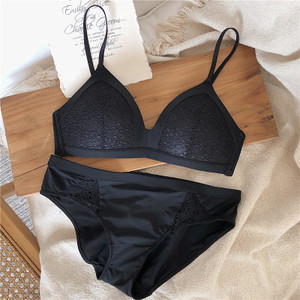 Set de sutien cu cupă subțire din bumbac fără fir sexy Set sutien și chiloți la modă din dantelă Lenjerie de corp fără pietre Lenjerie pentru femei Slip bralette