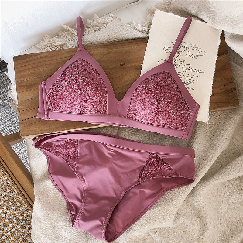 Set de sutien cu cupă subțire din bumbac fără fir sexy Set sutien și chiloți la modă din dantelă Lenjerie de corp fără pietre Lenjerie pentru femei Slip bralette