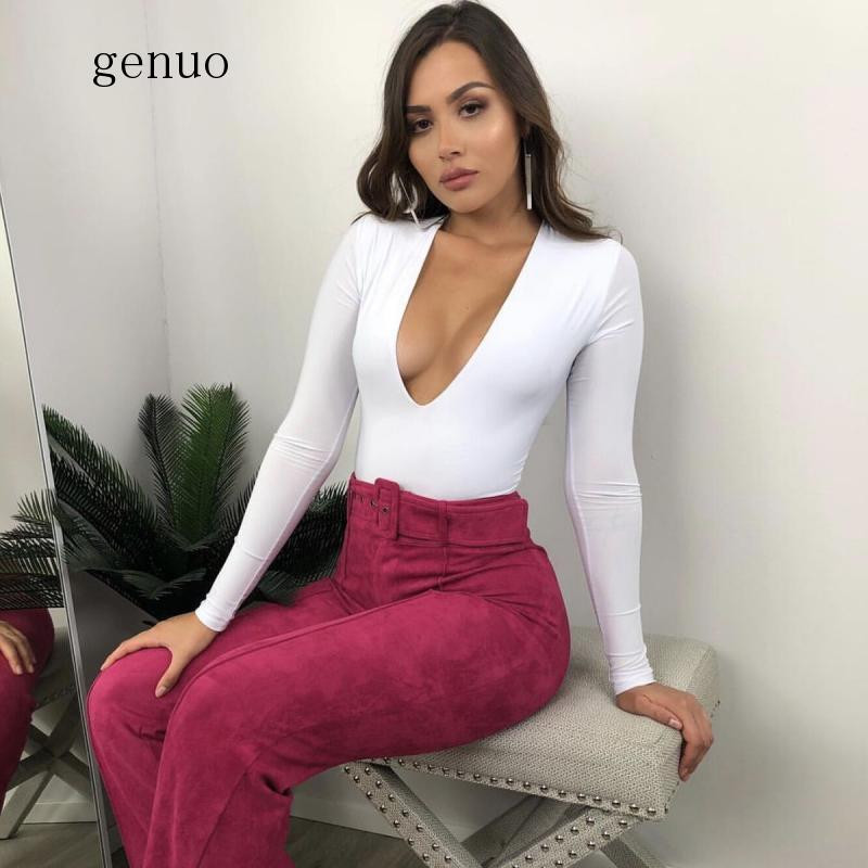 Γυναικεία μακρυμάνικα μαύρα κορμάκια Sexy Deep V λαιμόκοψη Bodycon Basic Romper Ολόσωμη φόρμα γυμναστικής για γυναίκες