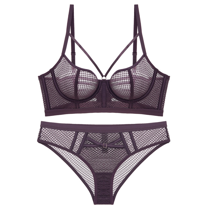 Set de lenjerie transparentă, necăptușită, ultra-subțire, sexy, sutien push-up din dantelă, carouri, lenjerie de corp femeie frumoasă, vara 2022