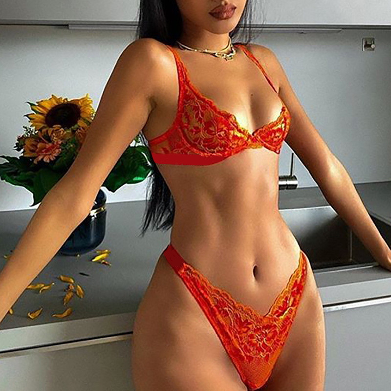 Yimunancy Set sutien din dantelă 2 piese Sutien pentru femei cu sârmă + chiloți Set lenjerie de vară 2021 Set de lenjerie intima sexy pentru femei