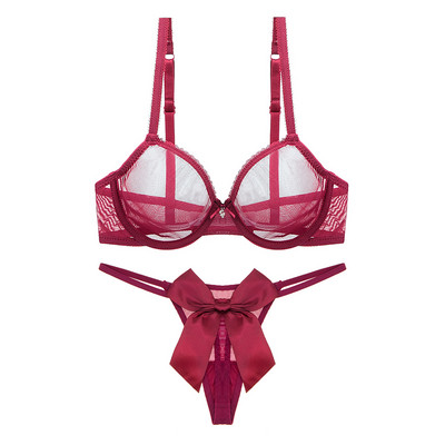 Set sutien din tifon sexy Varsbaby și set de lenjerie intimă cu fundă mare și drăguț, fără căptușeală, transparent transparent